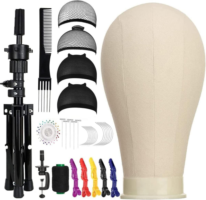 23 Inch Canvas Mannequin Head Block for Wig Making & Display, Tripod Stand with Wig Caps, T & C Pins Set, Bristle Brush