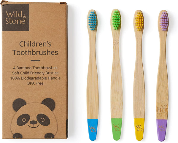 | Organic Children'S Bamboo Toothbrush | 4 Pack | Soft Fibre Bristles | 100% Biodegradable Handle | BPA Free | Vegan Eco Friendly Kids Toothbrushes (Multicolour)