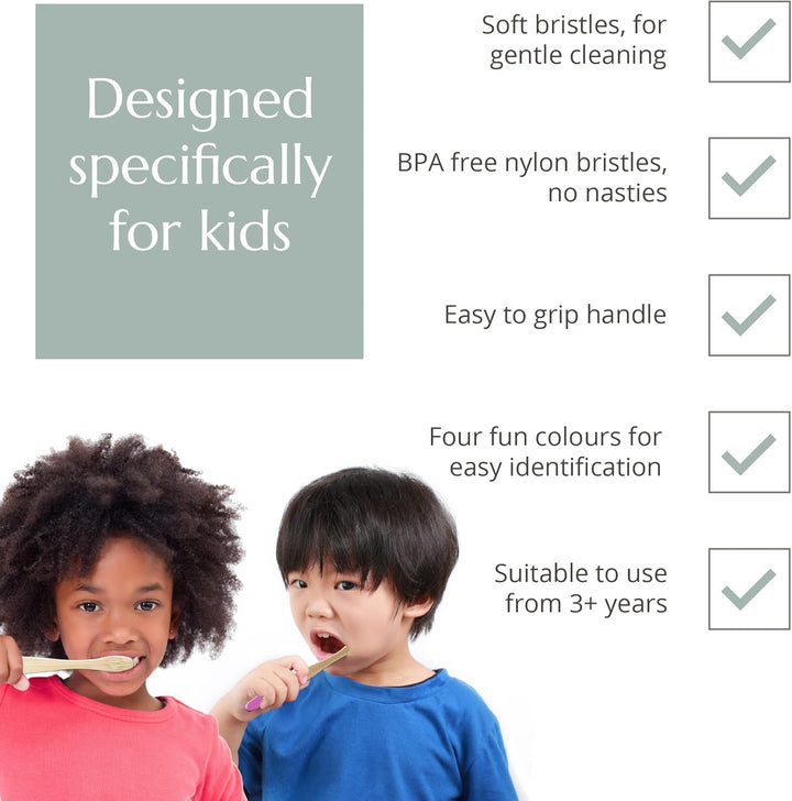 | Organic Children'S Bamboo Toothbrush | 4 Pack | Soft Fibre Bristles | 100% Biodegradable Handle | BPA Free | Vegan Eco Friendly Kids Toothbrushes (Multicolour)