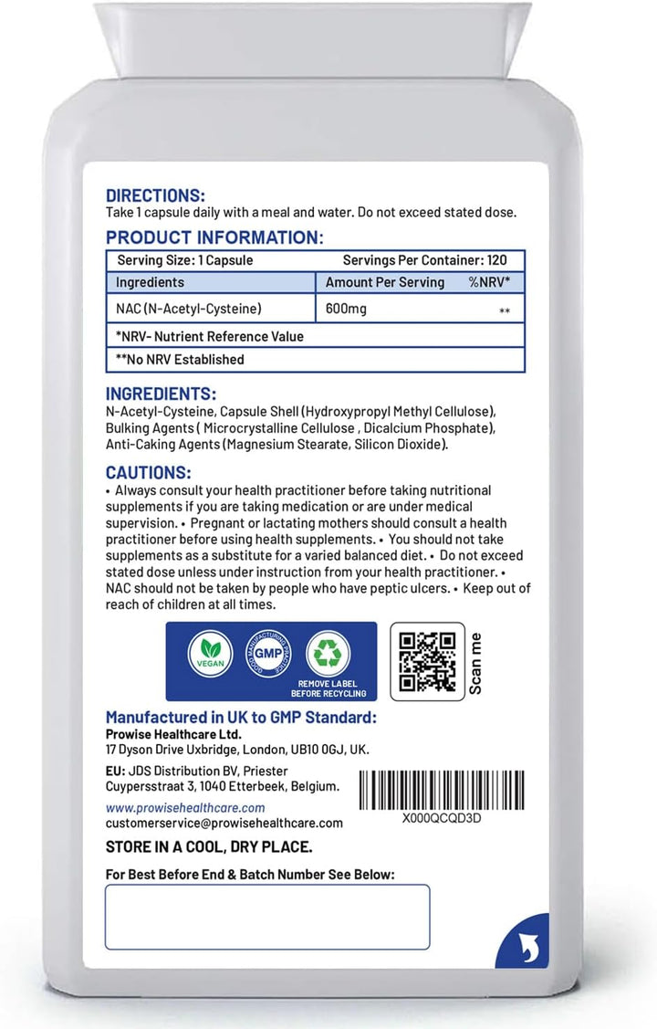 NAC N-Acetyl-Cysteine 600Mg | 120 Capsules of Nac N-Acetyl-Cysteine | Vegan N-Acetyl-Cysteine Nutritional Supplements | High Bioavailability & No Fillers | UK Manufactured by Prowise Healthcare