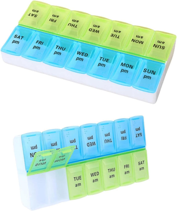 7-Day Pill Box - Pill Boxes 7 Day 2 Times a Day-Daily Medication, Pill Organiser,Tablet Tablet Organiser for Travel (Blue-Green)