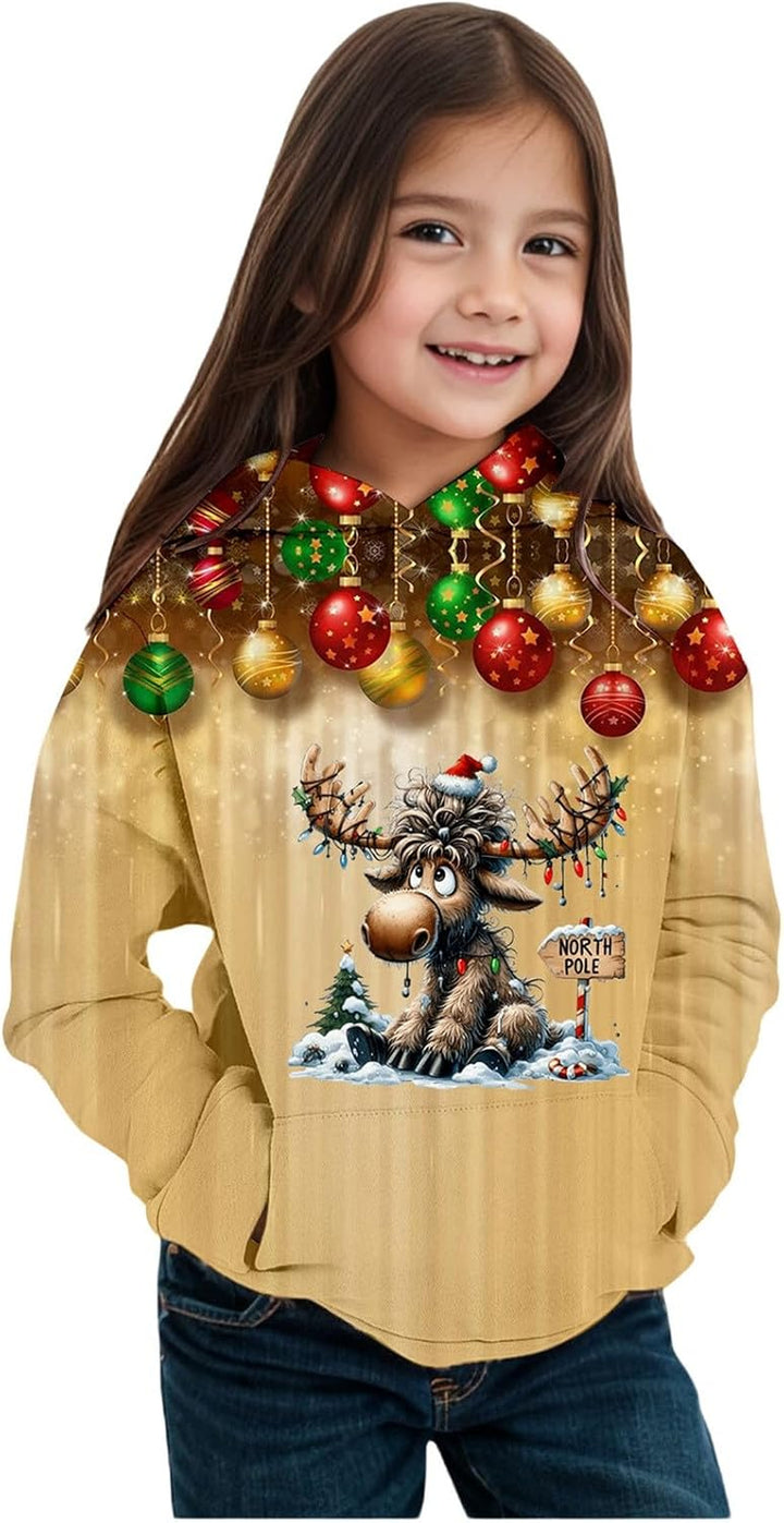 2025 Christmas Print Girls Hooded Sweatshirt Long Sleeve Pullover Top for Winter Holiday Festive Outfit Cozy Fleece Lined Soft Casual Wear