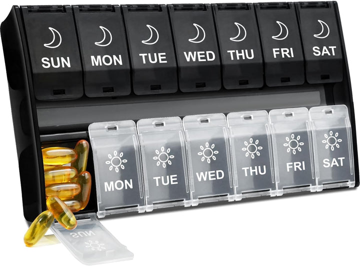 7 Day Pill Organiser 2 Times a Day, Weekly Pill Box Push Button 2 in 1 Design, Large Tablet Box for Travel, BPA Free Daily Pill Case, Pill Boxes 14 Day for Vitamin/Fish Oil/Supplements/Medication