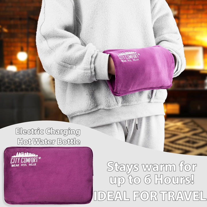Rechargeable Electric Hot Water Bottle Heat Pad 6 Hour Warmth Temperature Control Detachable Lead Cosy Bed Warmer Hand Warmer Pouch Gifts (Purple)