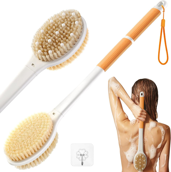 Back Scrubber Body Shower Brush: anti Slip Long Handle Bath Brush with Stiff and Soft Bristles - Showering Exfoliator Wet or Dry Brushing for Women, Men, Elderly (Blue)