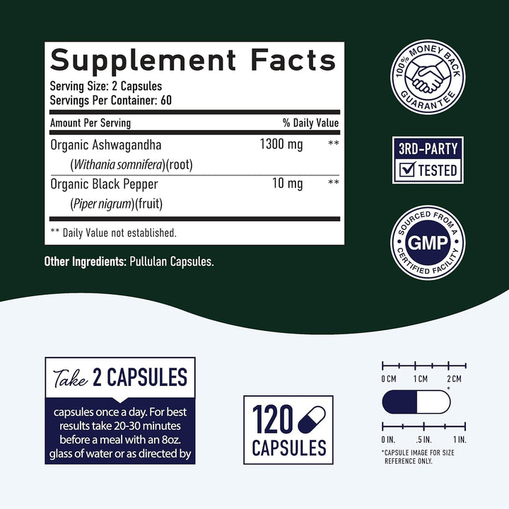 Ashwagandha 1300Mg | Ashwagandha Root Powder & Black Pepper Extract | High Absorption Adaptogen for Stress Relief, Mood & Thyroid Support | Vegetarian, Gluten-Free | 120 Capsules, 2-Month Supply