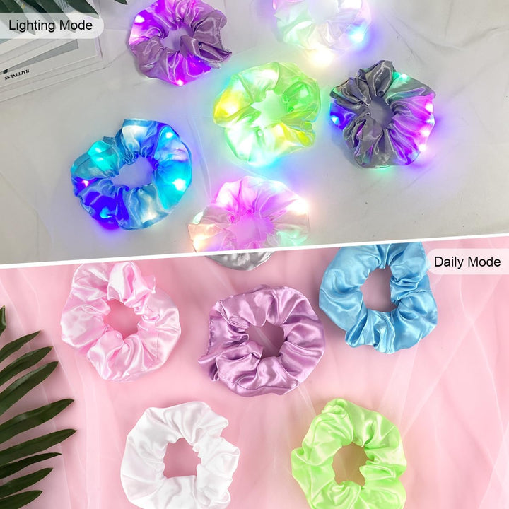 LED Light up Elastic Hair Bands, 6Pcs Luminous Hair Ties, 3 Colors Light Modes LED Scrunchies, Light up Hair Scrunchies for Halloween Rave Glow Party