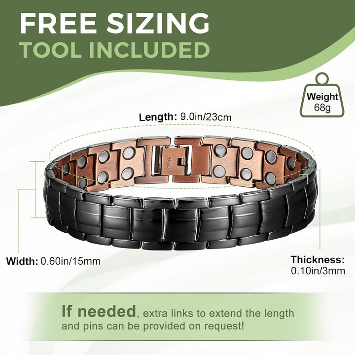 Mens Copper Magnetic Bracelets, 99.9% Pure Copper Bracelet with Double Row Magnets, Adjustable Wristband Brazaletes for Men