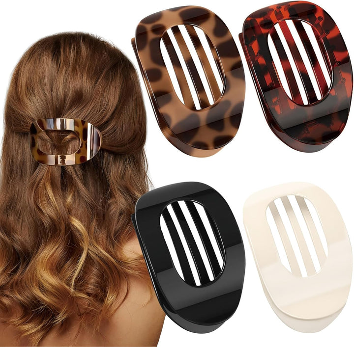 4 PCS Flat Hair Clips for Women, Curved Design Duckbill Hair Clips for Lying, Driving - Matte Strong Hold Hair Claw Clips for Thin, Thick Hair, Hair Accessories for Women and Girls (Leopard)
