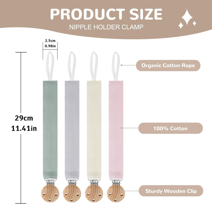 4Pcs Dummy Clip Cotton Fabric Clips for Baby, Mam Soother Chain Holder Straps Teething Baby Teething Toys Fits All Pacifiers