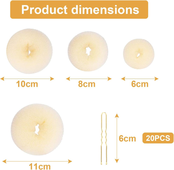 4 Pcs Ring Style Donut Bun Shaper with 20 Golden Hair Pins,Beige Donut Bun Maker,Hair Donuts,Shaper Set for Dancers, Ballerinas,Girls Etc and Daily Hairstyles Diy（Beige）
