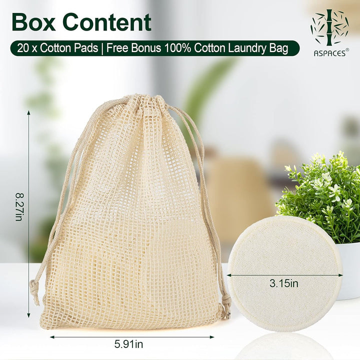 Reusable Makeup Remover Pads - 20 Packs Natural Bamboo Cotton Rounds Eco-Friendly for All Skin Types with Cotton Laundry Bag, White