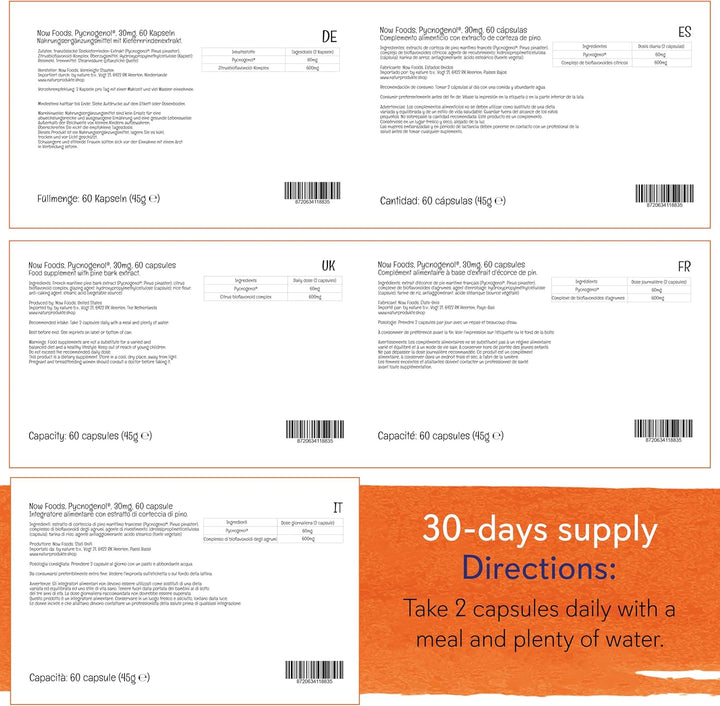 Foods, Pycnogenol, 30Mg, Pine Bark Extract, 60 Vegan Capsules, Soy Free, Gluten Free, Vegetarian, Non GMO