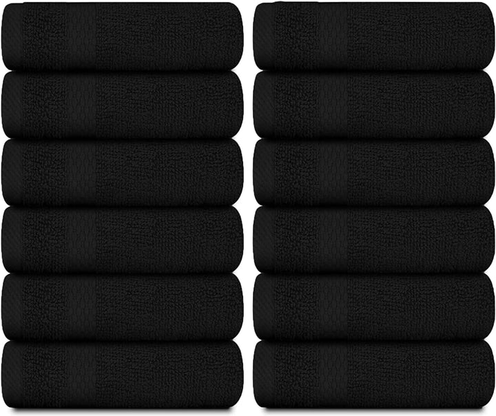 Luxury Cotton 12 Pc Flannel Set, Hotel Style Small Bath Towel and Face Cloth 33X33 Cm, Black Soft Plush Flannels Pack of 12, Thick High Absorbent Wash Clothes, Face Towels