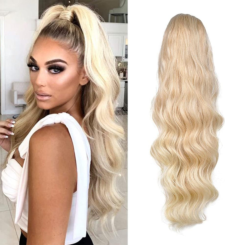 Long Wavy Ponytail Hair Extension for Black Women Drawstring Ponytail Hair Extensions Clip in Black Curly Synthetic Hairpiece