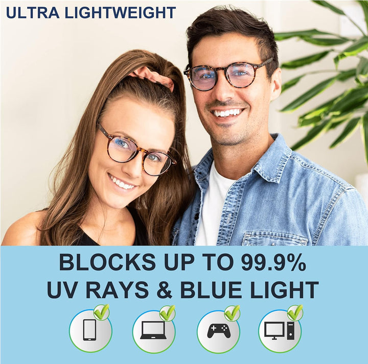 Premium 99.9% Blue Light Blocking Glasses - Reduce Headaches and Improve Sleep - UK Based Brand (Round Tortoiseshell Frame)