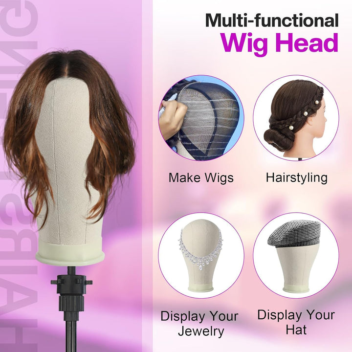 23 Inch Wig Head Stand Tripod, with Canvas Mannequin Heads for Wigs, Manikin Canvas Head Block Set for Making Display with T Pins Set Bristle Brush