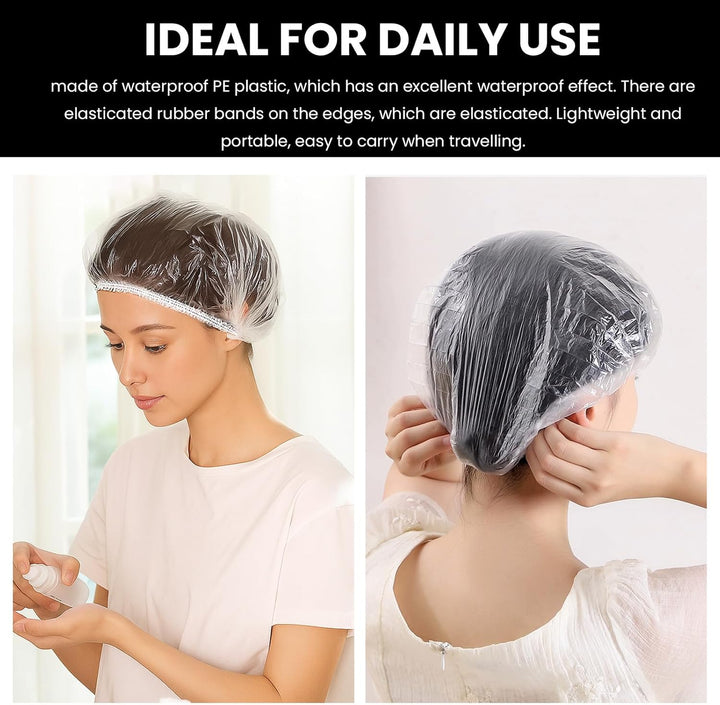 100Pcs Shower Caps Disposable, Disposable Shower Caps for Women, Large Thick Waterproof Shower Cap, Plastic Elastic Hair Bath Caps for Hair Treatment for Salon, Spa, Travel, Home Use, Hotel (White)