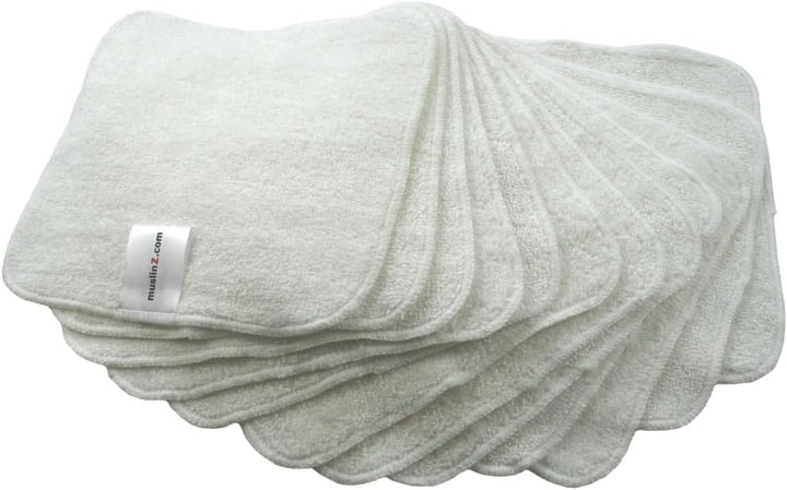 24PK Wipes Bamboo Cotton Terry Wipes 20X20 Cms Wash Cloth Washable Reuseable Baby Wipes (White)