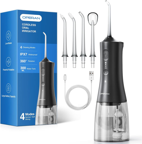 Water Dental Flosser for Teeth Cordless, 300ML Rechargeable Oral Irrigator with 4 Modes, Water Flossers for Adults, IPX7 Waterproof, Use at Home/Travel, Black，1 Pack + 4 Nozzles