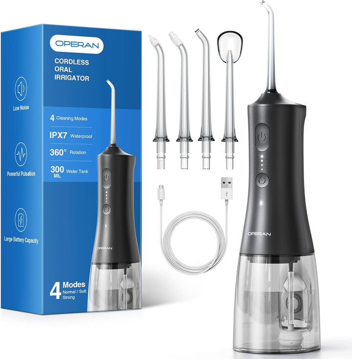 Water Dental Flosser for Teeth Cordless, 300ML Rechargeable Oral Irrigator with 4 Modes, Water Flossers for Adults, IPX7 Waterproof, Use at Home/Travel, Black，1 Pack + 4 Nozzles
