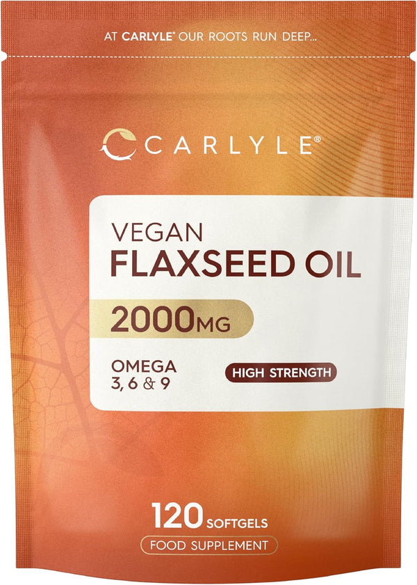 Flaxseed Oil Capsules 2000Mg | 120 Vegan Softgels | High Strength Supplement with Omega 3 6 & 9 | Cold Pressed | by