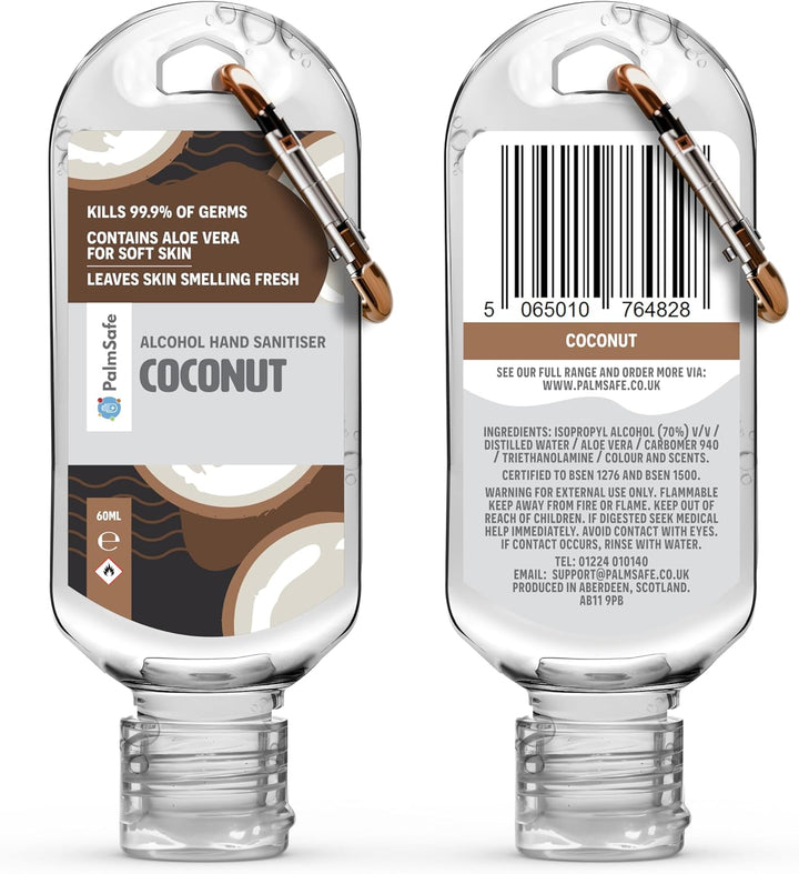 Coconut 60Ml anti Bacterial Premium Hand Sanitiser Travel Size Refillable Clip Bottle Quick Drying Non Sticky Extra Moisturising Kills 99.9% of Viruses and Bacteria