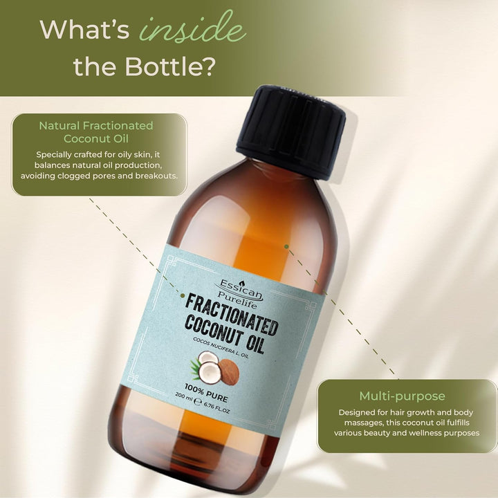 , Pure Coconut Oil Liquid, 200Ml MCT Fractionated Coconut Oil for Skin, Hair & Lip, Carrier Oils for Essential Oils Mixing & Massage, Supports Healthy Hair Growth & Hydrated Skin