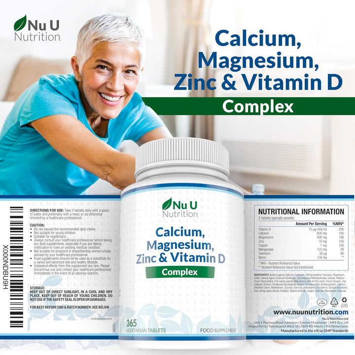 Calcium Magnesium Zinc & Vitamin D Supplement - 365 Vegetarian Tablets - High Strength Osteo Complex with Selenium, Copper, Manganese & Boron - 6 Month Supply -
