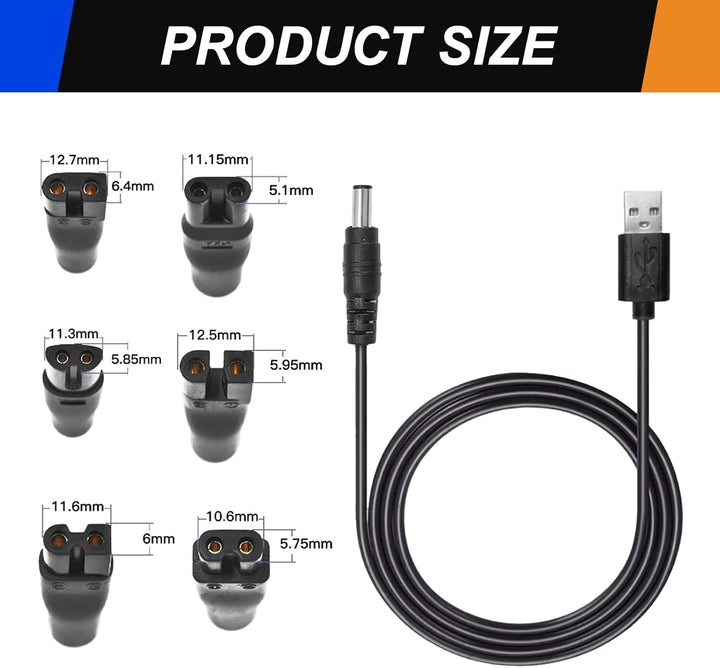 7Pcs Universal Electric Shaver Charger Kit,Usb Power Adapter Cord Replacement with 6Pcs Heads,Suitable for Electric Hair Clippers,Beard Trimmers,Shavers,Beauty Instruments,Bathroom&Travel Essential,5V