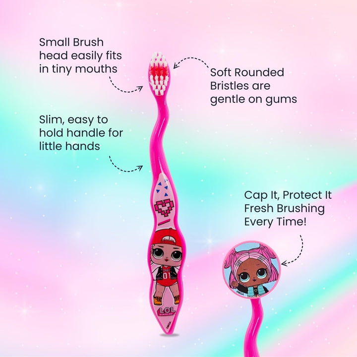 LOL Surprise Dolls Kids Toothbrush Set Contains Toothbrush with Protection Cap and Soft Bristles, Strawberry Flavour Toothpaste and Multi-Purpose Beaker for Children 3+