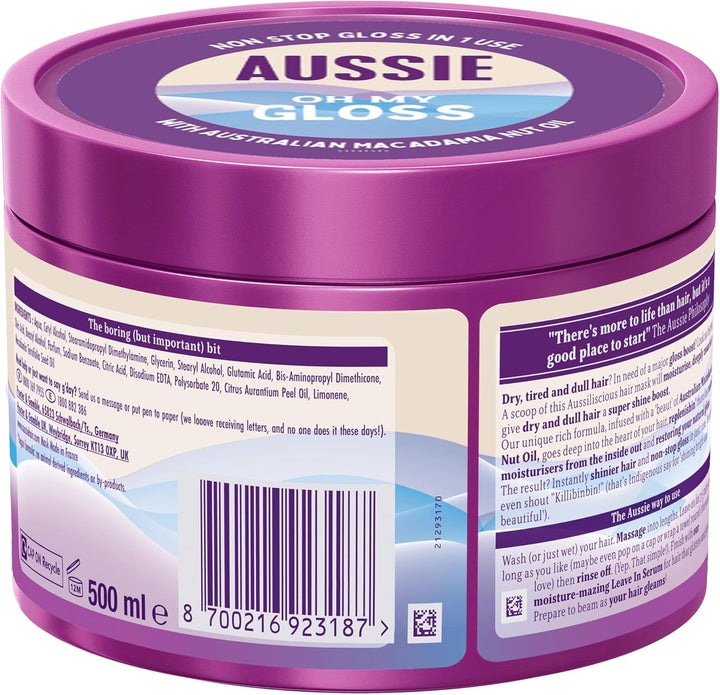 Oh My Gloss Glossing Hair Mask 500Ml, Moisturises and Deeply Nourishes Dry and Dull Hair, Restores Your Natural Gloss, Infused with Australian Macadamia Nut Oil, Vegan and Cruelty-Free