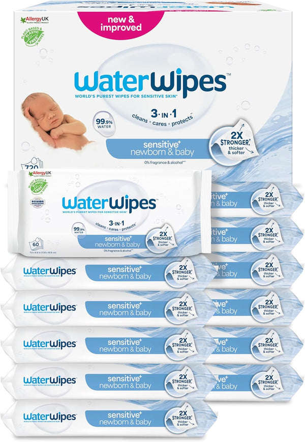 Sensitive+ Newborn & Baby Wipes, 720 Count (12 Packs), 3-In-1 Cleans, Cares, Protects, 99.9% Water, Unscented