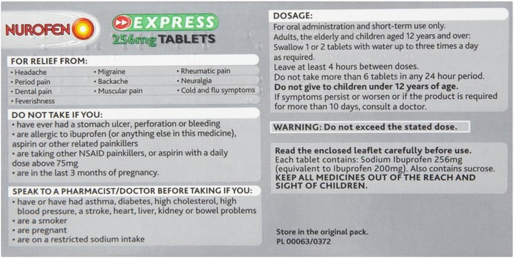 Express Ibuprofen 256Mg, 16 Tablets - Pain, Sinus, Migraine, Headache, Toothache Relief, Long Lasting Cold & Flu Relief