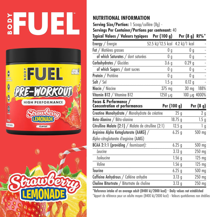 Bodyfuel Pre Workout Powder - Energy & Physical Performance with Citrulline, Creatine, Beta Alanine (320G - 40 Servings) (Strawberry Lemonade)