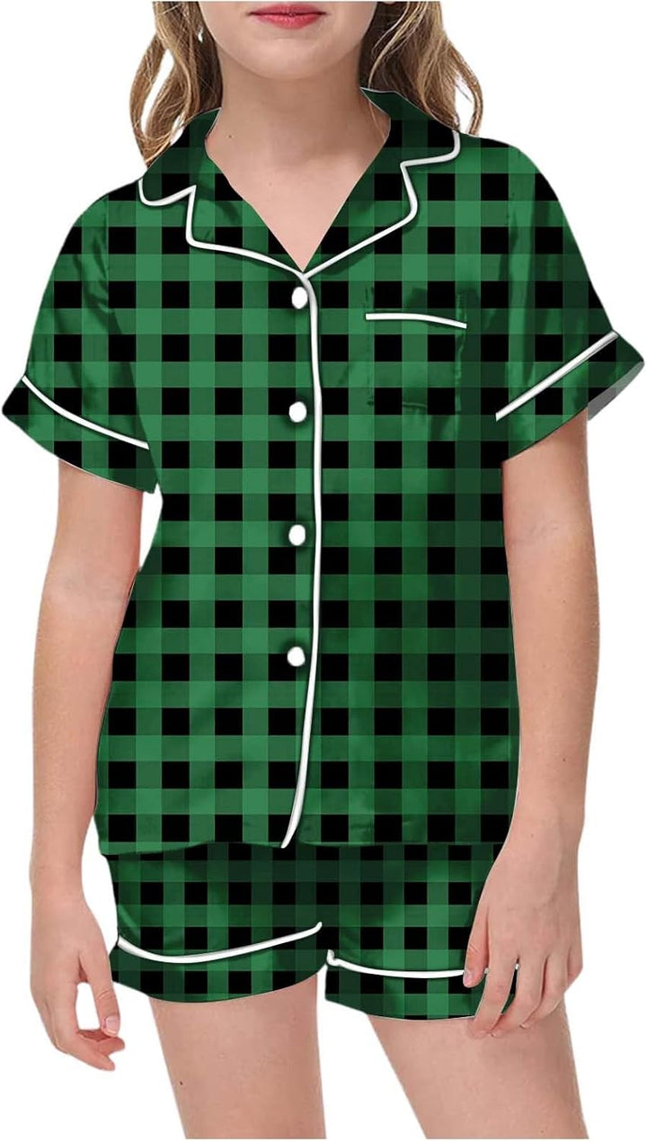 Girls Christmas Printed Pajamas Short Sleeved Button Top Shorts Home Set Christmas Hats