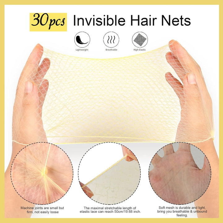 30Pcs Blonde Invisible Hair Nets with 40Pcs Hair Pins & 10Pcs Hair Bands,  Elastic Edge Mesh Hair Nets for Bun in Individual Package, Gold U Shape Bobby Pins for Ballet Dancers Nurse Women