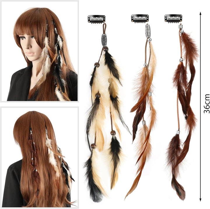 6Pcs Feather Hair Clips, Boho Extensions with Clip Comb, Hippie Accessories for Women, Indian Tassels Beads Feather Piece, Handmade Festival Headdress