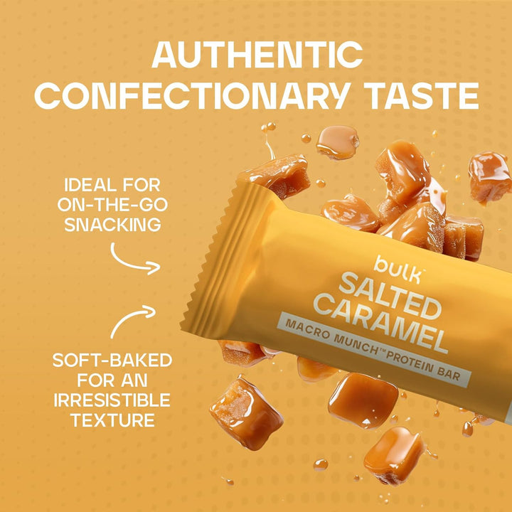 Macro Munch Protein Bar | Salted Caramel Flavour | 12 X 62G | 20G High Protein | Low Sugar | 6.7G Fibre | Soft-Baked Triple Layer | Healthy Snack Bar for Gym | Fitness | On-The-Go | Vegetarian