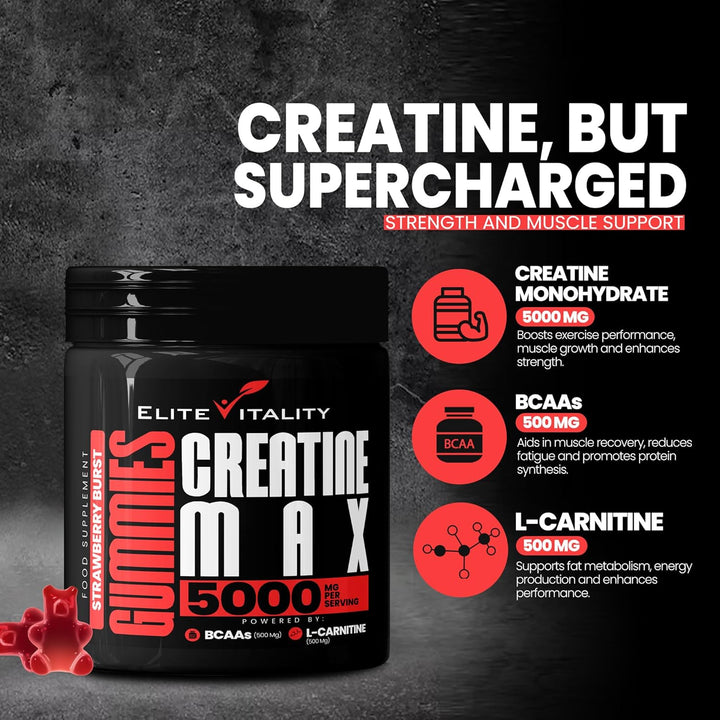 Creatine Monohydrate Gummies 5000Mg + Bcaas & L-Carnitine – Vegan, Sugar-Free, Pre Workout Muscle Recovery Supplement for Men & Women – 90 Gummies – Strawberry Burst – Gym & Fitness Support