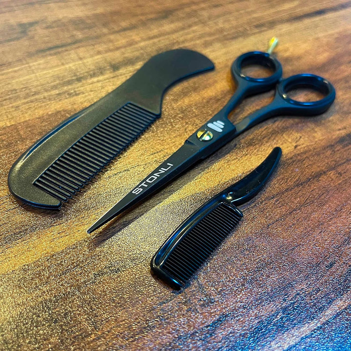 5" Beard and Moustache Scissors with Comb & Pouch - Small Hairdressing Scissors - Nose, Ear & Eyebrows Hair Scissor (Black)