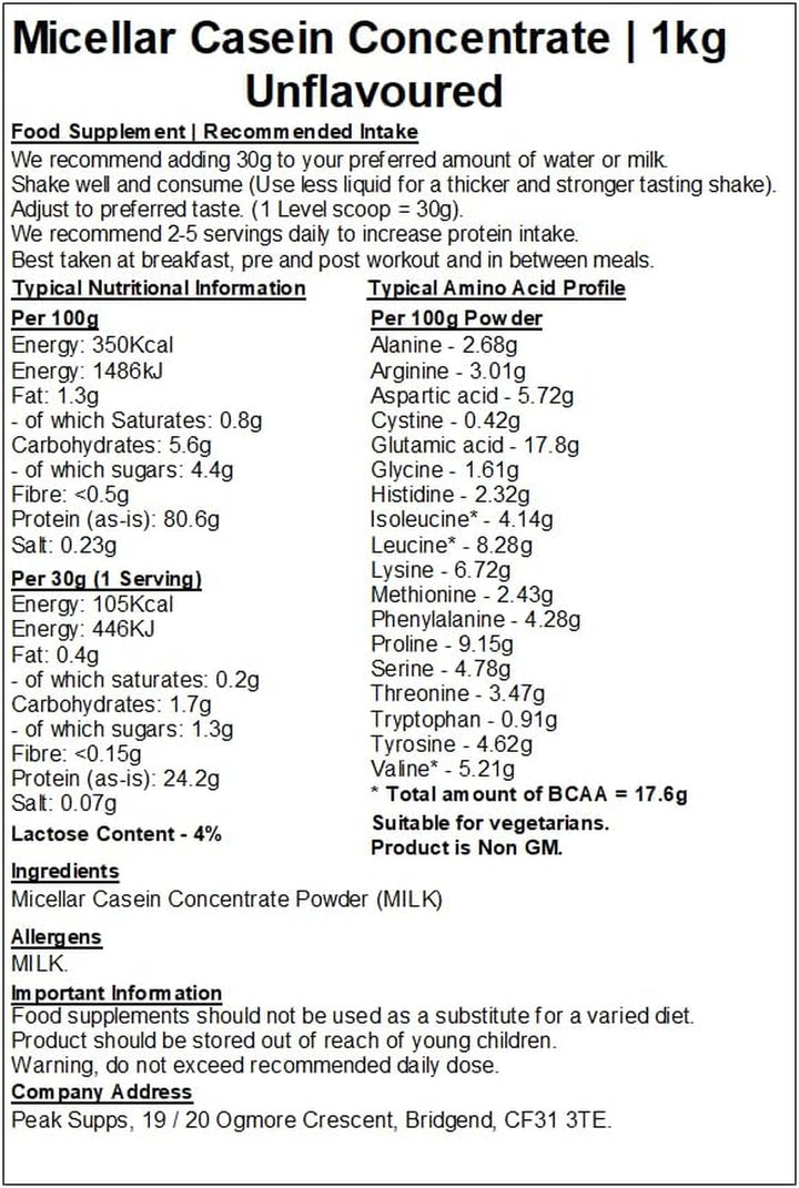 Micellar Casein Concentrate Protein Powder - All Flavours (1Kg, Unflavoured)