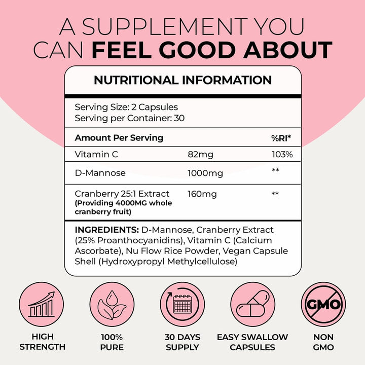 D Mannose 1000Mg Tablets Complex - 3-In-1 D-Mannose Capsules with High-Strength Cranberry Extract & Vitamin C. 60 Capsules. Made in UK