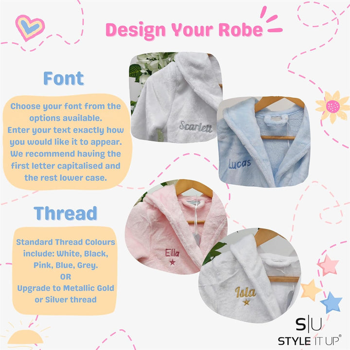 Personalised Baby Kids Girls Boys Matching Set Dressing Gown Plush Fleece Robe Soft Cosy Velvet Warm Embroidery Gift