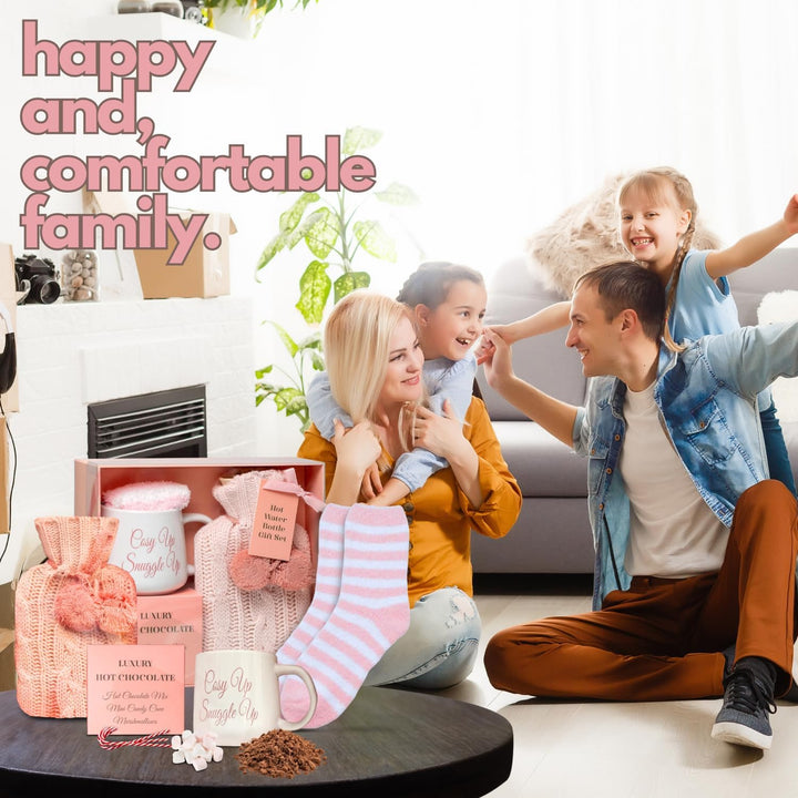 Hot Chocolate Gift Set with Mug | Small Hot Water Bottle with Cover | Fluffy Socks | Cosy Pink Ribbon Balls | Christmas Gifts for Women Her | Novelty Girls Ladies Xmas House Couple Home Mum Auntie (1)