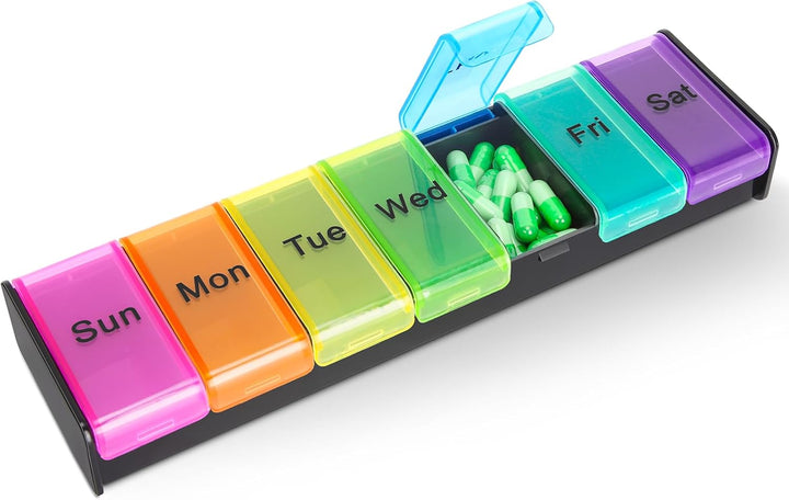 Pill Box 7 Day 1 Times a Day, Weekly Tablet Organiser, Travel Daily Pill Box Organiser 7 Day, Large Pillbox Tablet Box Portable Pill Case Tablet Dispenser for Travel Work, Black