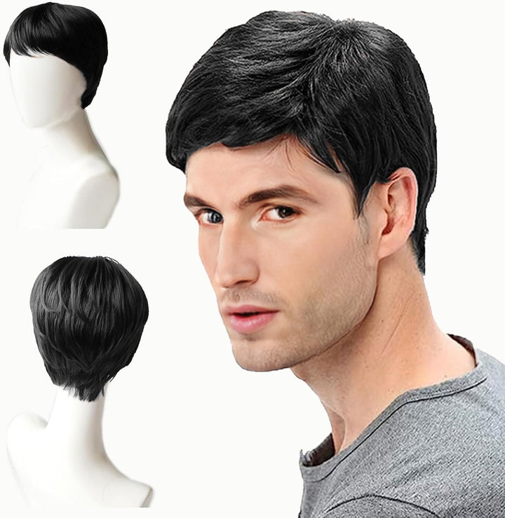 Short Black Men'S Wig - Synthetic Straight Wig for Men - Daily Use & Costume - Handsome Fancy Dress Cosplay Halloween