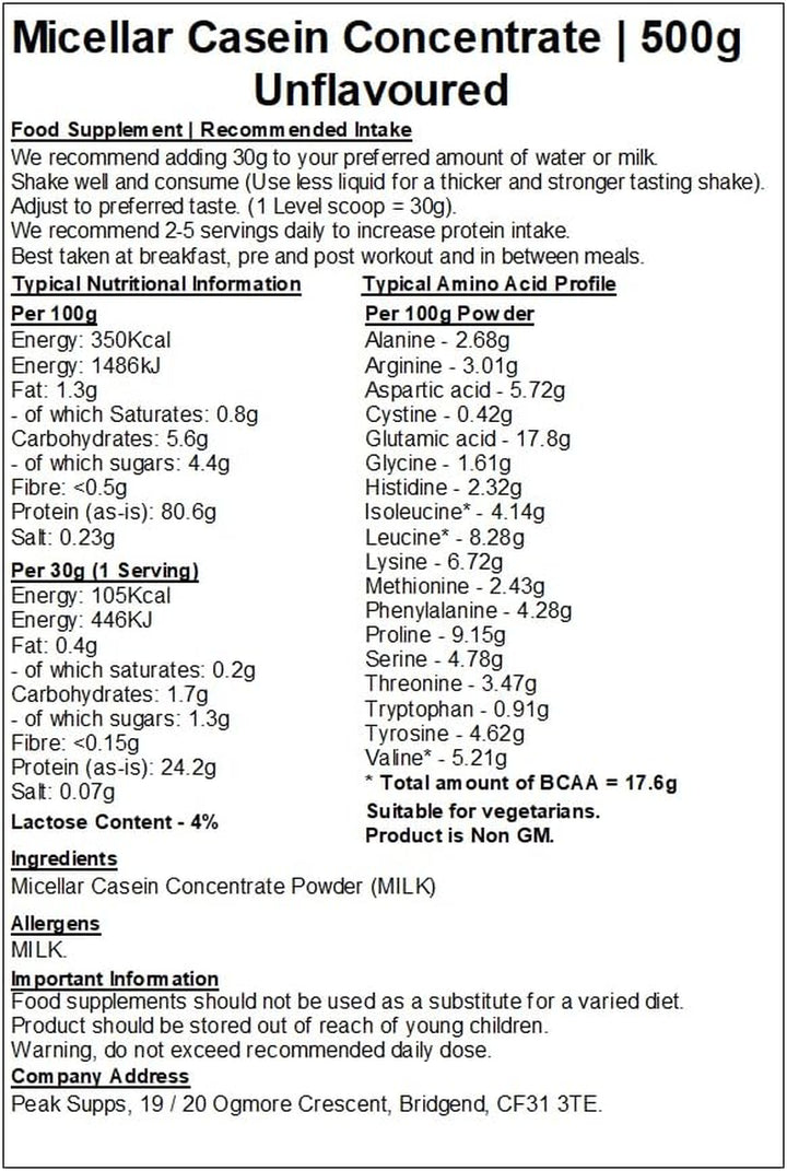 Micellar Casein Protein Powder - Unflavoured (500G, Unflavoured) Casein protein, Slow-digesting protein, Protein supplement, Protein powder, Muscle recovery protein, Fitness protein, High protein, Natural protein, Healthy protein, Sports nutrition, Protei