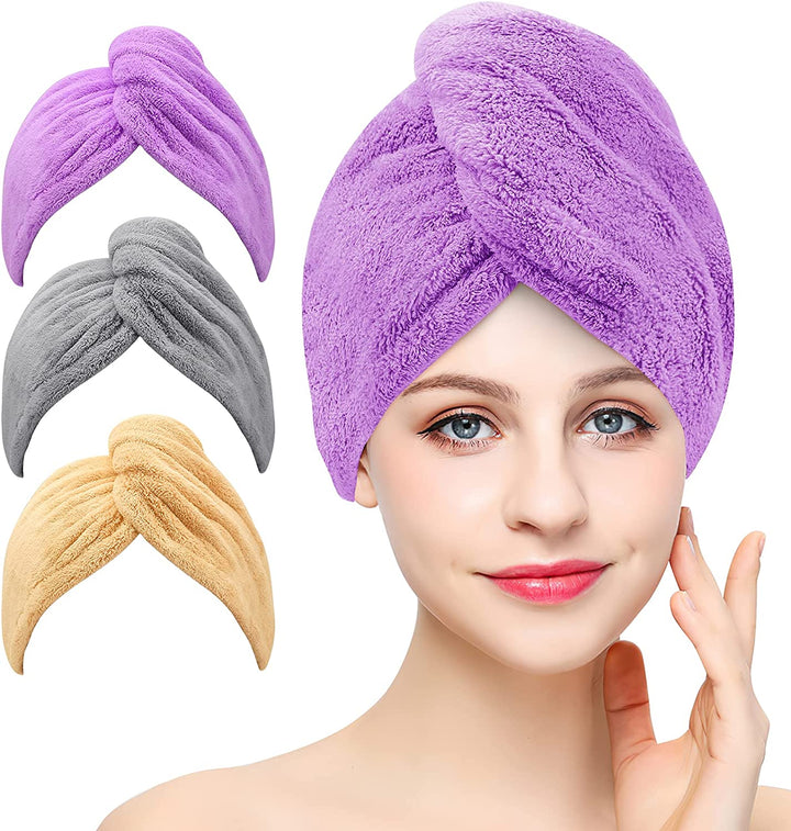 3 Pack Microfiber Hair Drying Towel Wrap Super Absorbent Twist Turban Fast Dry Hair Caps with Buttons Bath Loop Fasten Salon Dry Hair Hat (Gray Pink Blue)