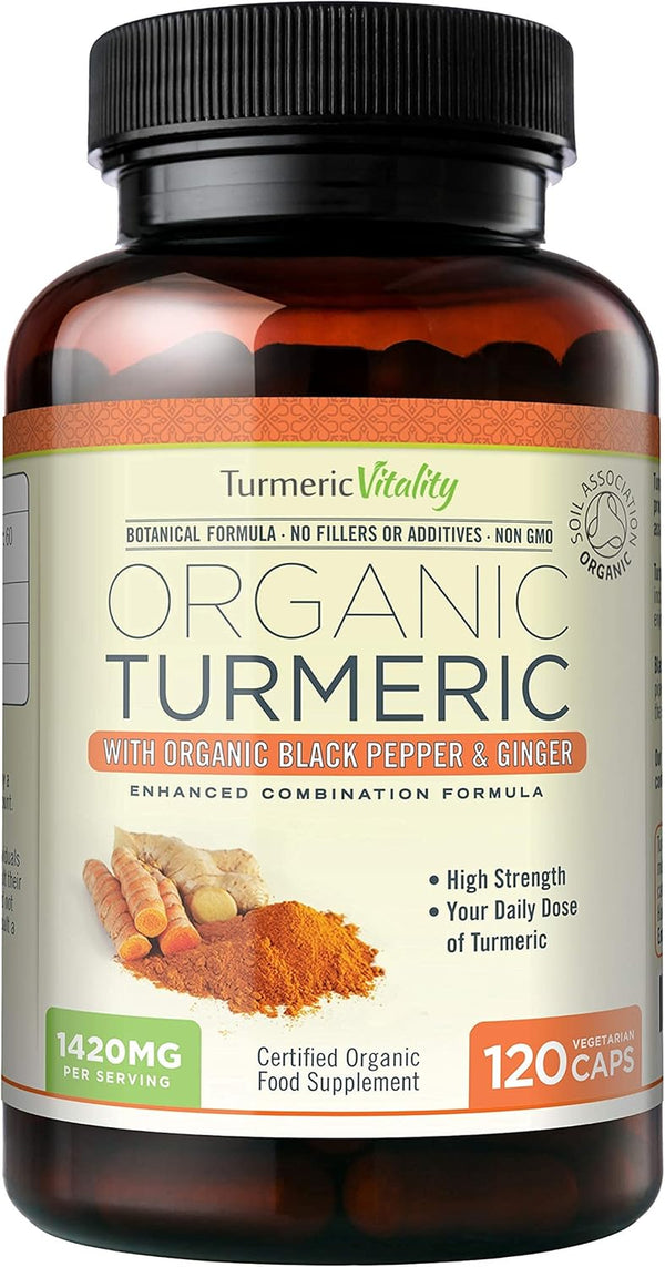 Organic Turmeric Curcumin Capsules 1420Mg High Strength Serving with Black Pepper & Ginger for Maximum Absorption of Curcumin | 120 Veg Capsules - Certified Organic Supplement